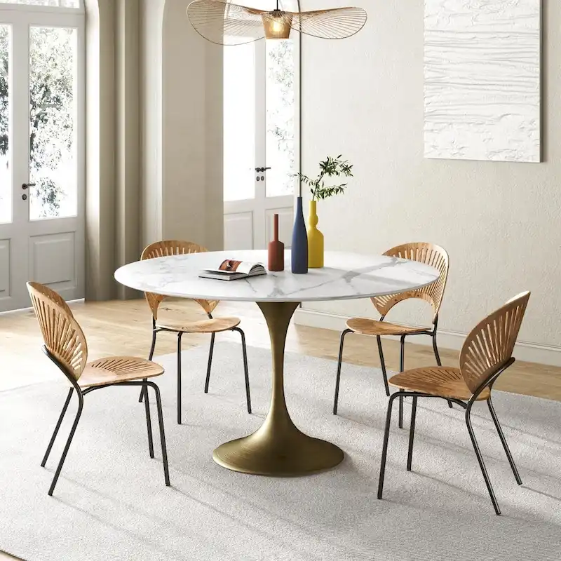 JASIWAY Modern Faux Marble Top Iron Pedestal Dining Table