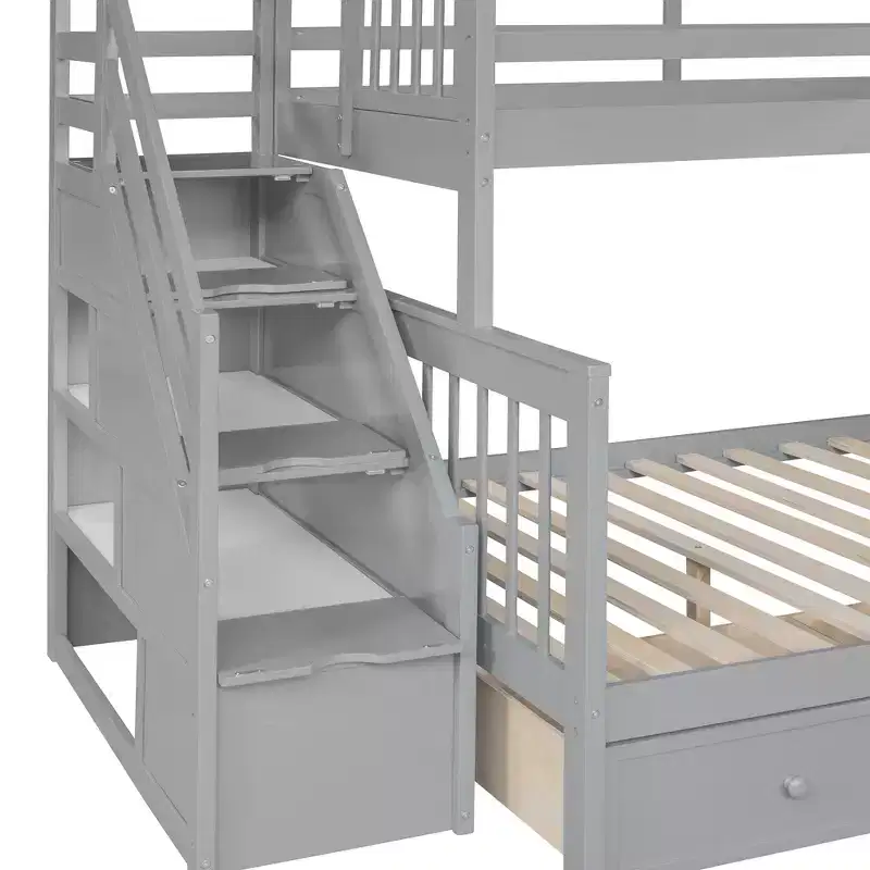 Stylish Design Twin over Full L-Shaped Bunk Bed With 3 Drawers, Ladder and Staircase