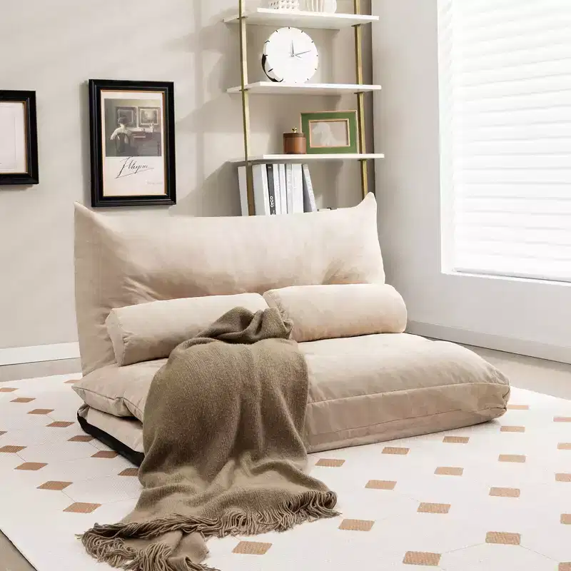 Convertible Lazy Sofa Bed with 42-Level Adjustable Backrest & 2 Lumbar Pillows Gray/Beige
