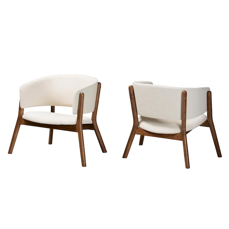 Baron Mid-Century Modern Cream Boucle Fabric Upholstered and Walnut Brown Finished Wood 2-Piece Living Room Accent Chair Set