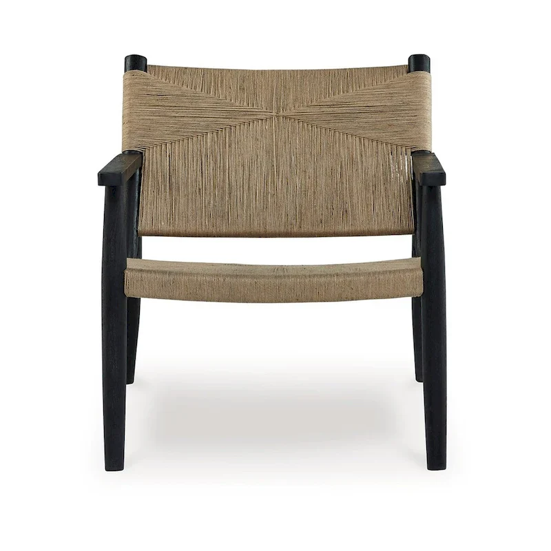 Accent Chair, Natural Brown Jute, Curved Seat, Modern Black Wood Frame