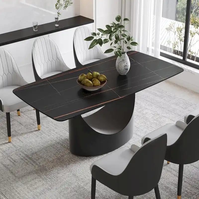 71 Black Marble Sintered Stone Table Top,Rectangle Dining Room Table with Unique U-Shape Black Carbon Steel Pedestal