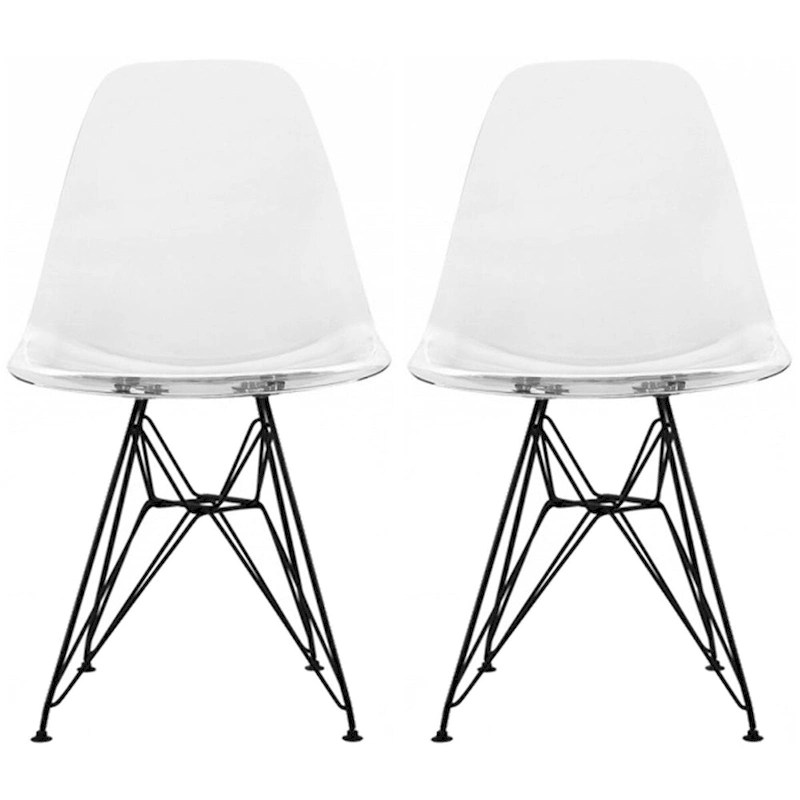 Set of 2 Mid-Century Modern Dining Side Chairs Armless Plastic Shell Seat with Black Metal Wire Eiffel Base, White