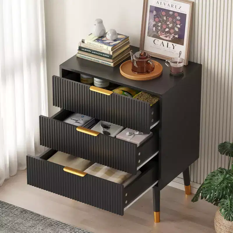 Black/White 3-Drawer Dresser with Metal Legs, Modern Nightstand