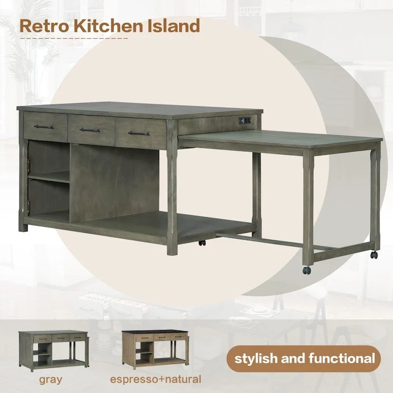 Extendable Kitchen Island with Power Outlets - Distressed Wood