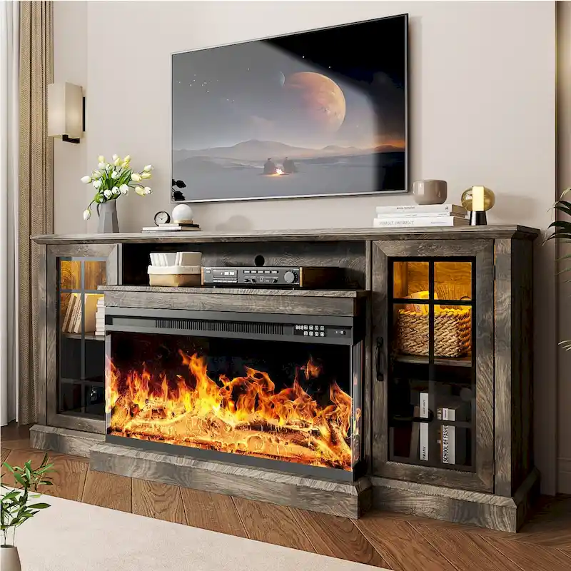 36 Inch 3-Sided Glass Fireplace TV Stand for TVs up to 80