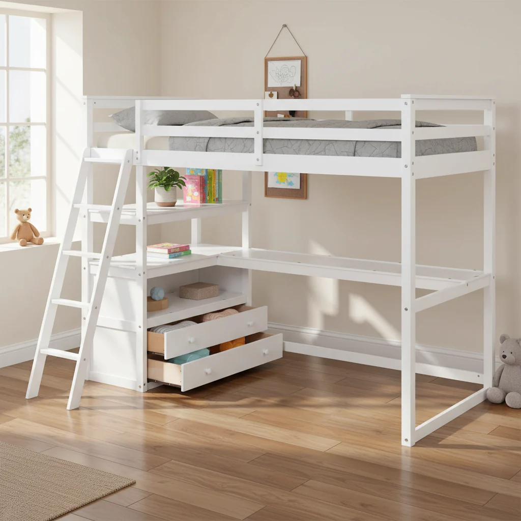 Twin Size Loft Bed with Desk, Shelves, and Two Drawers