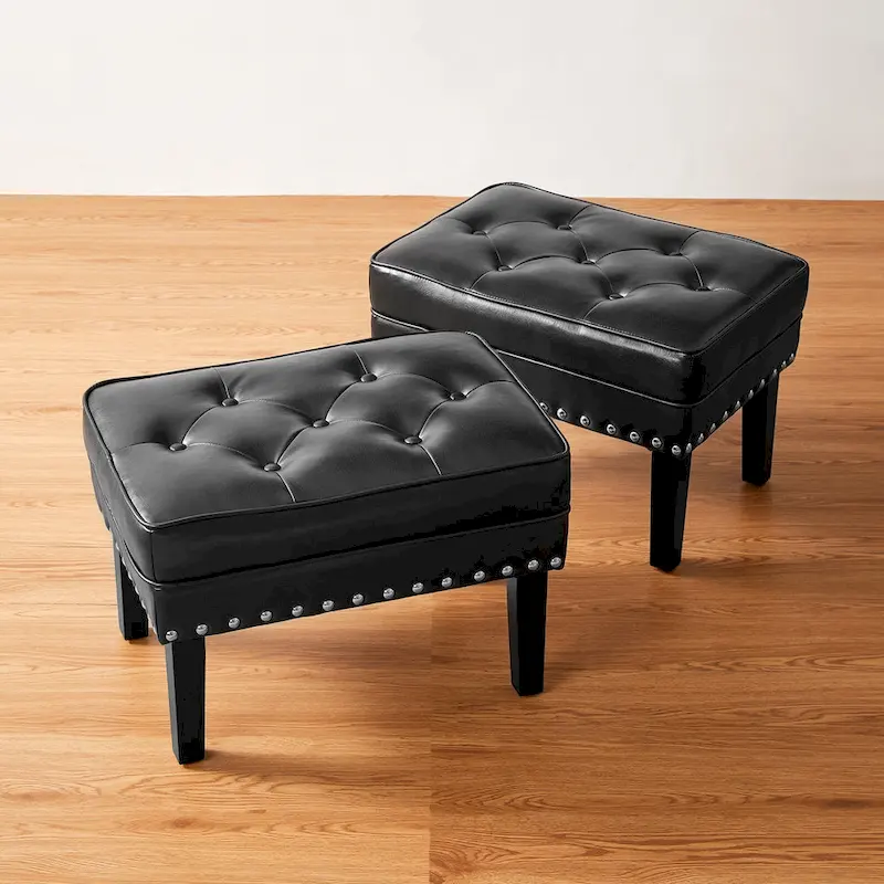 Glitzhome Set of 2 22W Leatherette Button-tufted Foot Stools Ottomans