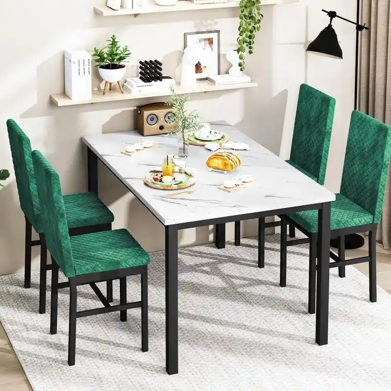 Grondin 5-Piece Dining Room Table Set with Faux Marble Table Top and Diamond Stitching Velvet Upholstery Dining Chairs