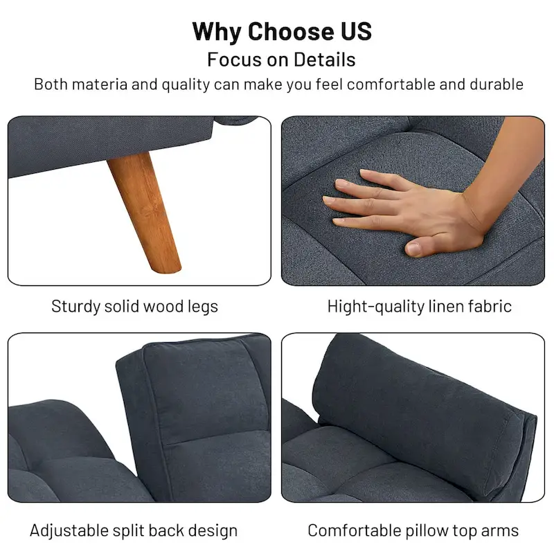 Convertible Futon Sofa Bed, Tufted Linen, Wood Legs, 3-Position Backrest, 500 lbs, Seats 2, Beige/Grey/Green/Yellow