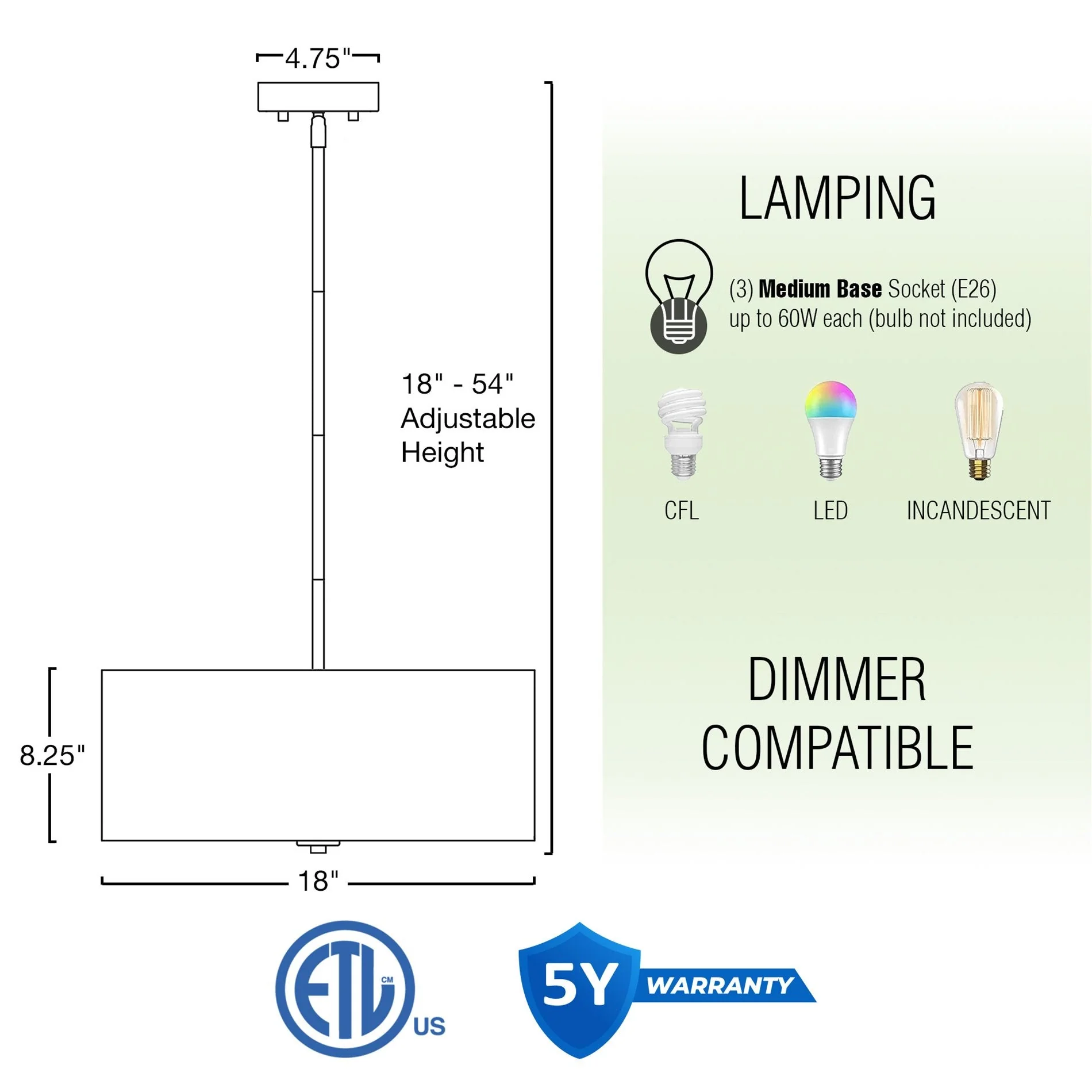 Pearl 18 Modern 3-Light Large Drum Pendant Chandelier