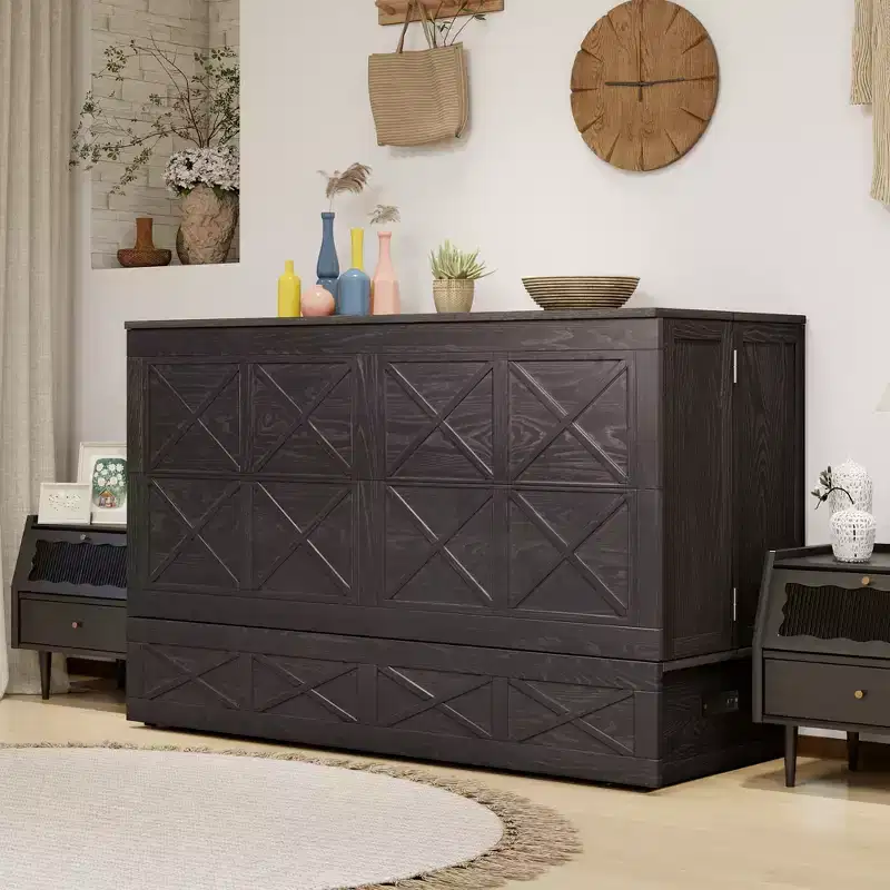 Keloyid Haimyy Solid Wood Frame Queen Murphy Bed Chest with Built-in Charger and Strong Drawer