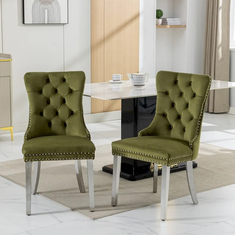Set of 2 Velvet Dining Chairs with Nailhead Trim and Chrome-Plated Stainless Steel Legs