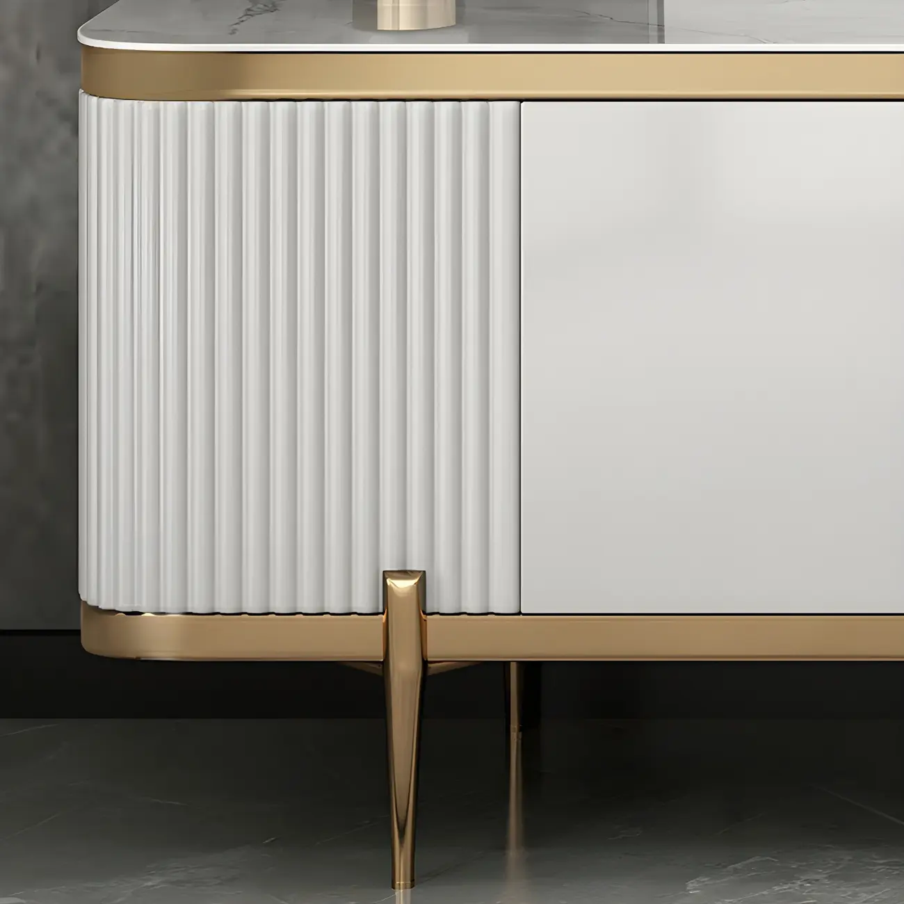 71 White Stone Fluted Panels Gold Trim TV Stand with Cabinet