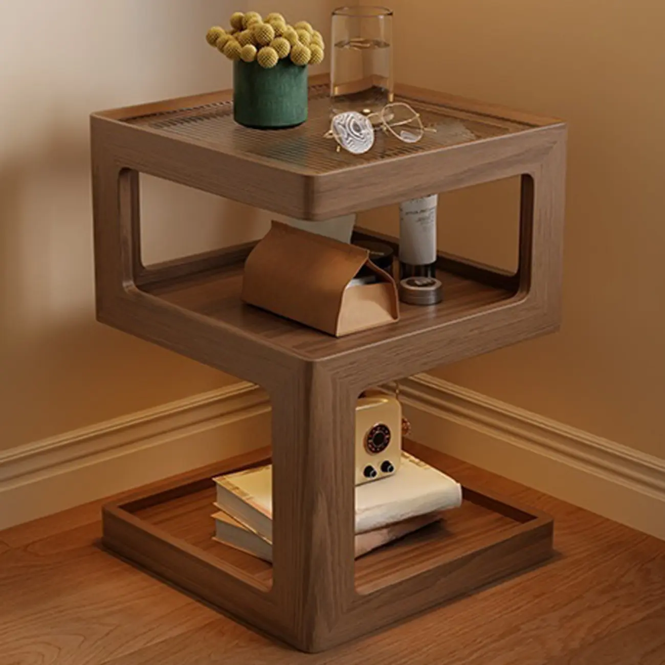 Narrow Wood and Glass Nut-Brown Shelves Nightstand with Light