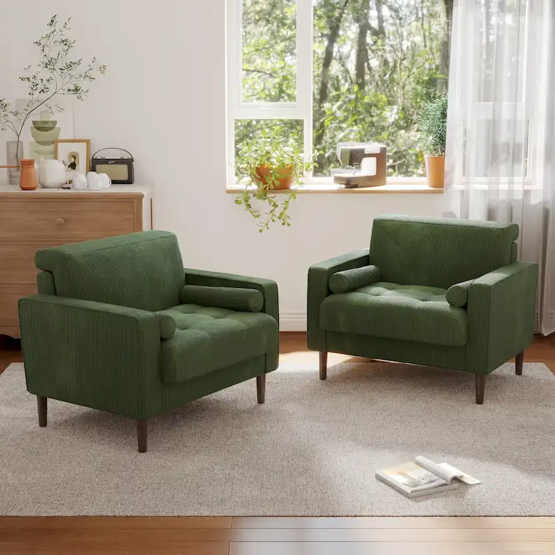 Oversized Accent Chairs Set of 2 Corduroy Fabric with Wooden Legs