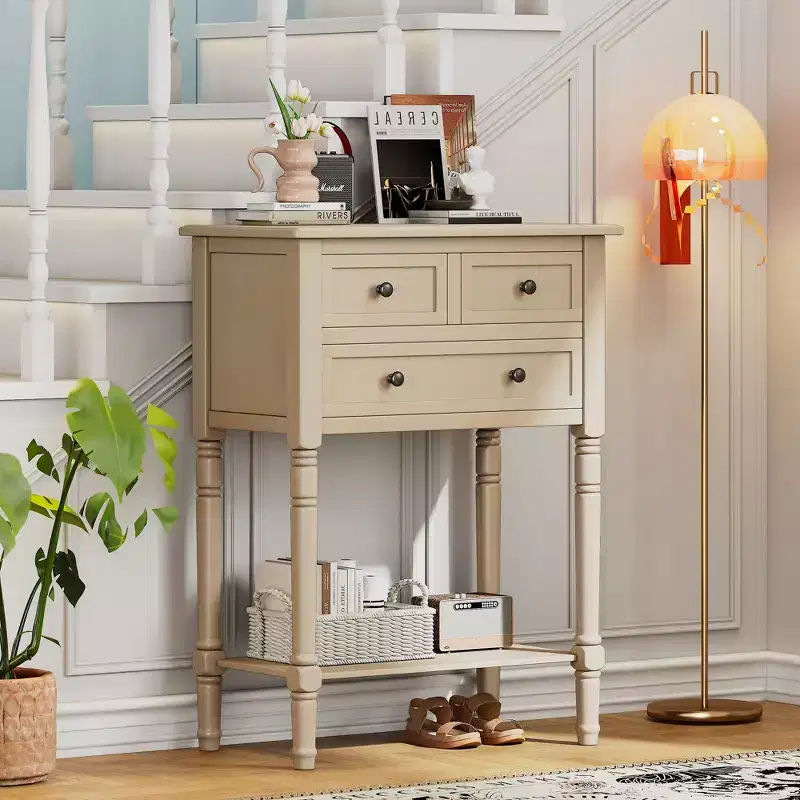 Retro Small Console Table with Drawers and Bottom Shelf, Farmhouse Wood Entryway Table with Storage, Wood Slim Side Table for Entryway