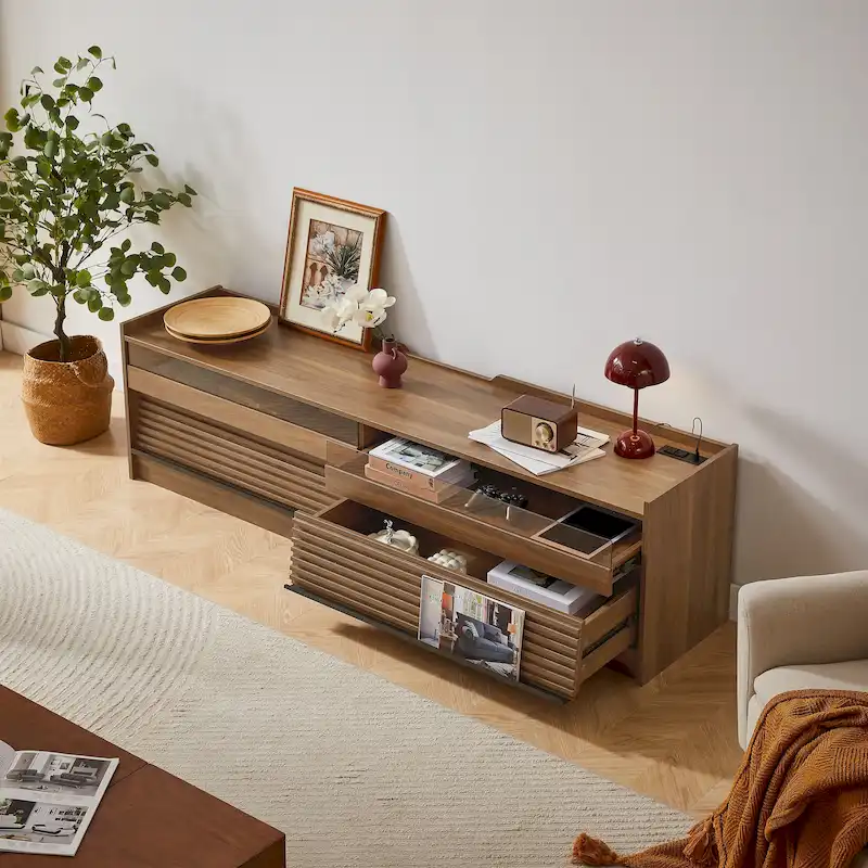 Modern TV Stand with Drawers Design and Built-in Charging Ports and Ambient LED Lighting