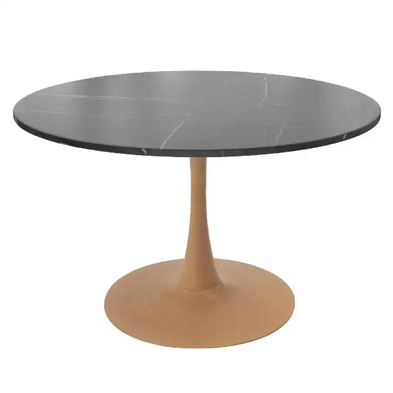 LeisureMod Bristol 40 Round Dining Table with Sintered Stone Top and Natural Wood Steel Pedestal Base for Modern Kitchen and Dining Room