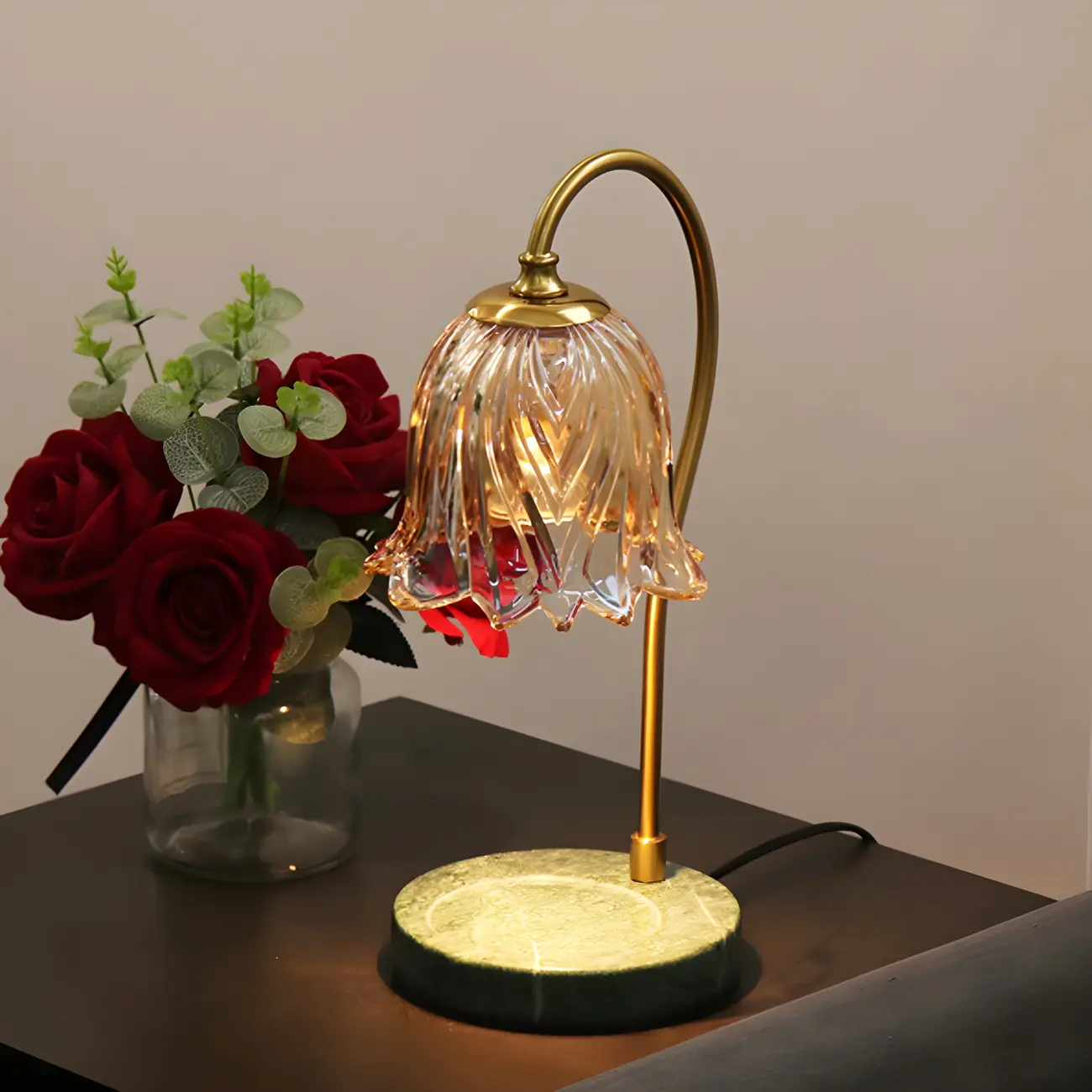 Elegant Glass Floral Bedside Lamp with Cup Holder Base