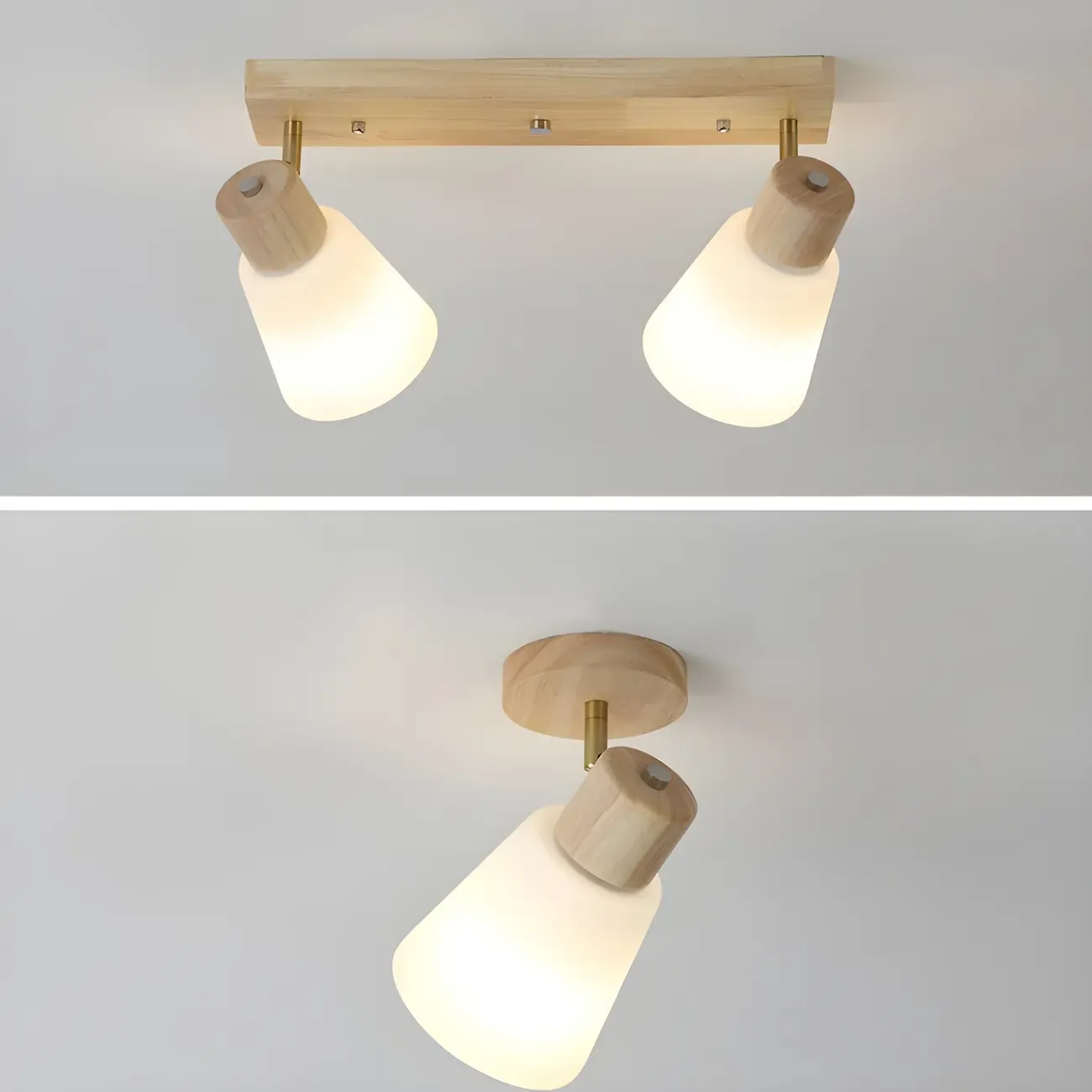 Natural Wood White Cone Glass Adjustable Semi Flush Track Light