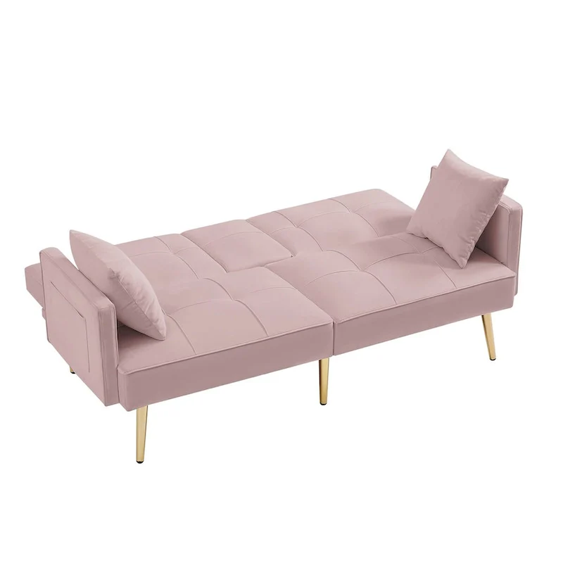 Pink Velvet Sofa Bed, Converts, Adjustable Positions, Central Armrest