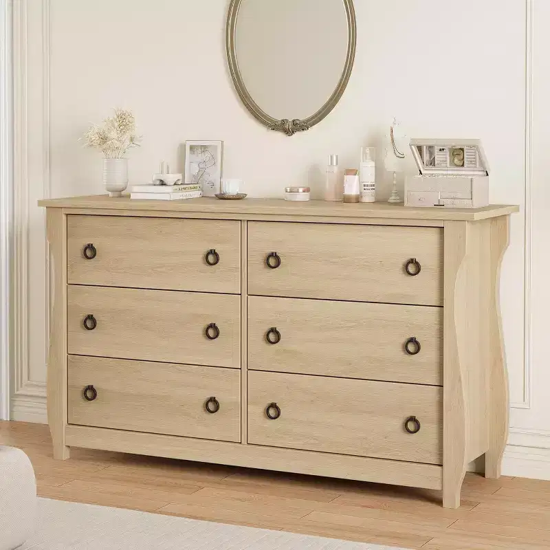 6-Drawer Dresser with Sliding Doors - Modern Freestanding Storage Cabinet for Bedroom or Living Room, Wide Design