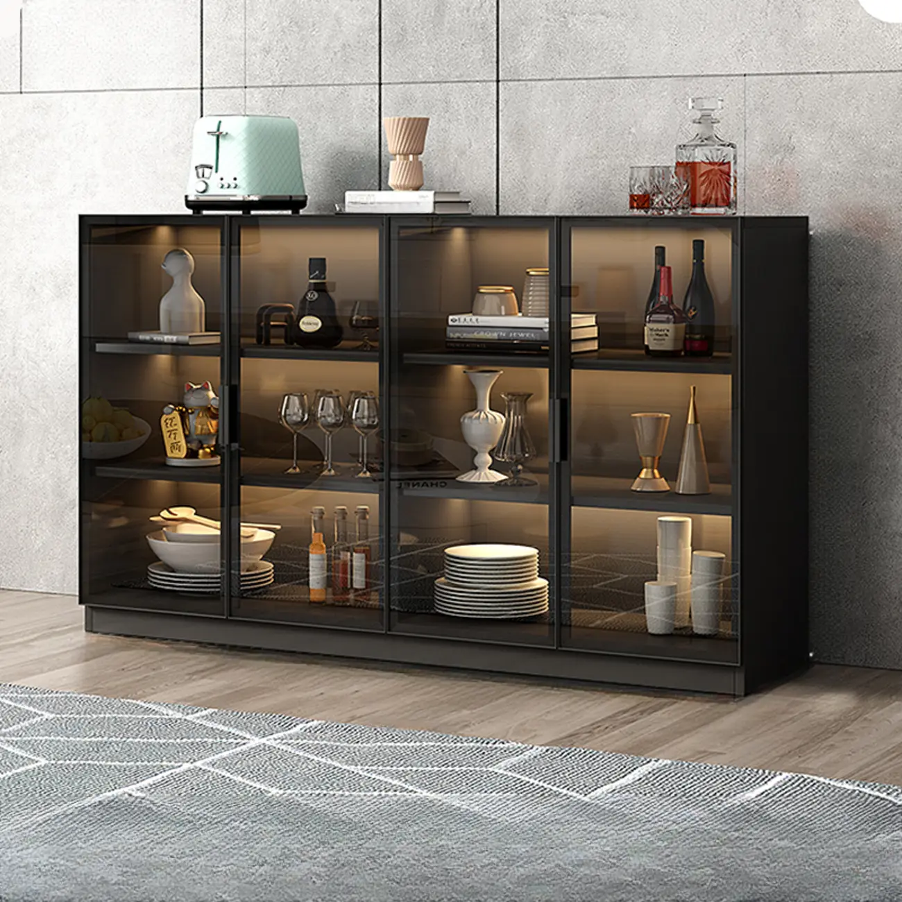 Large 3 Shelves Glass Wood Black Sideboard with LED Light