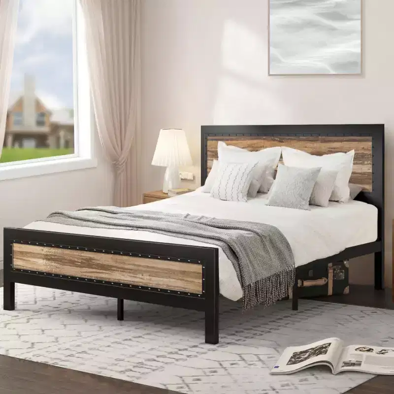 Allewie Heavy-Duty Platform Metal Bed Frame with Headboard, Unique Strip and Rivet Decoration