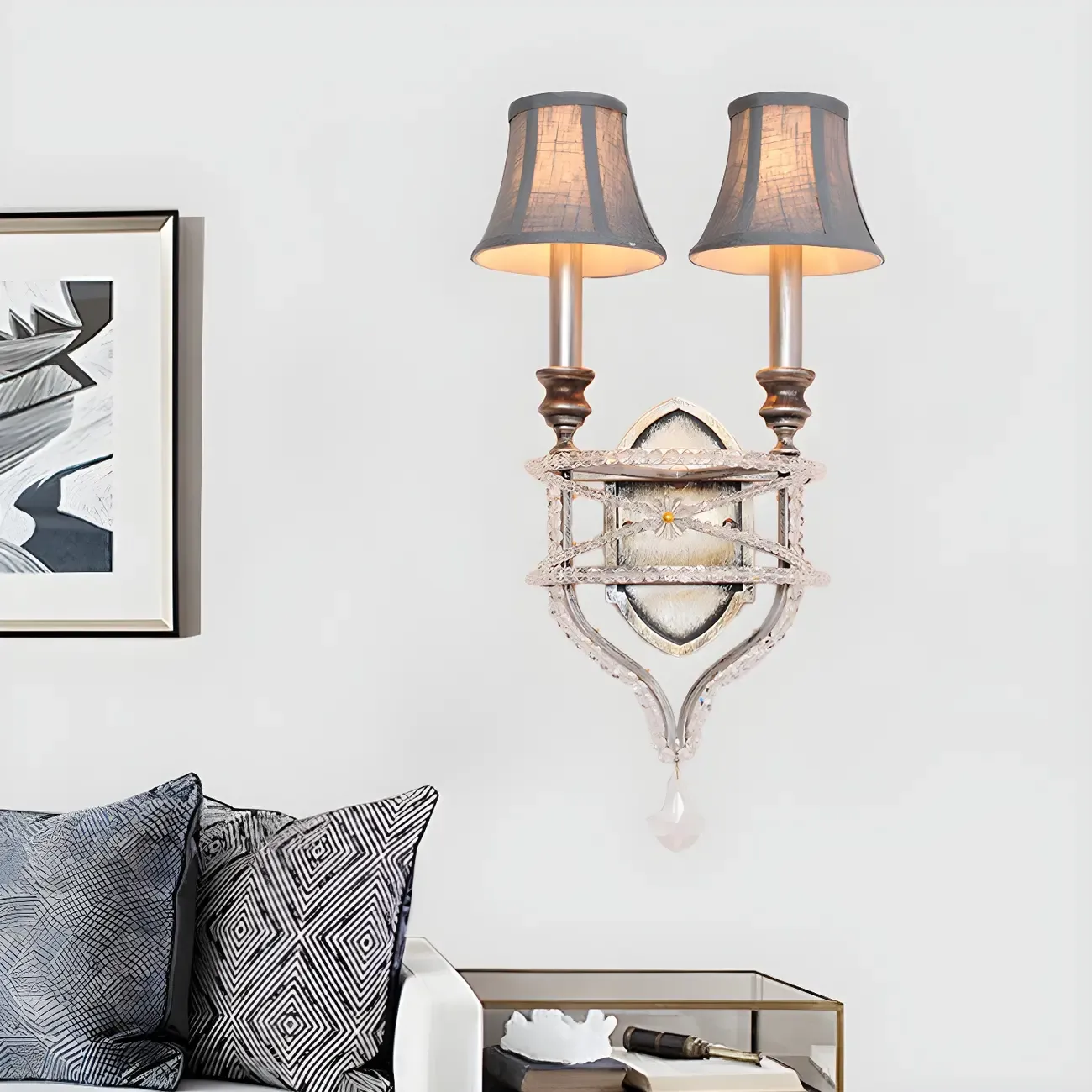 2 Lights Graceful Crystal Wall Sconce with Fabric Shade & LED