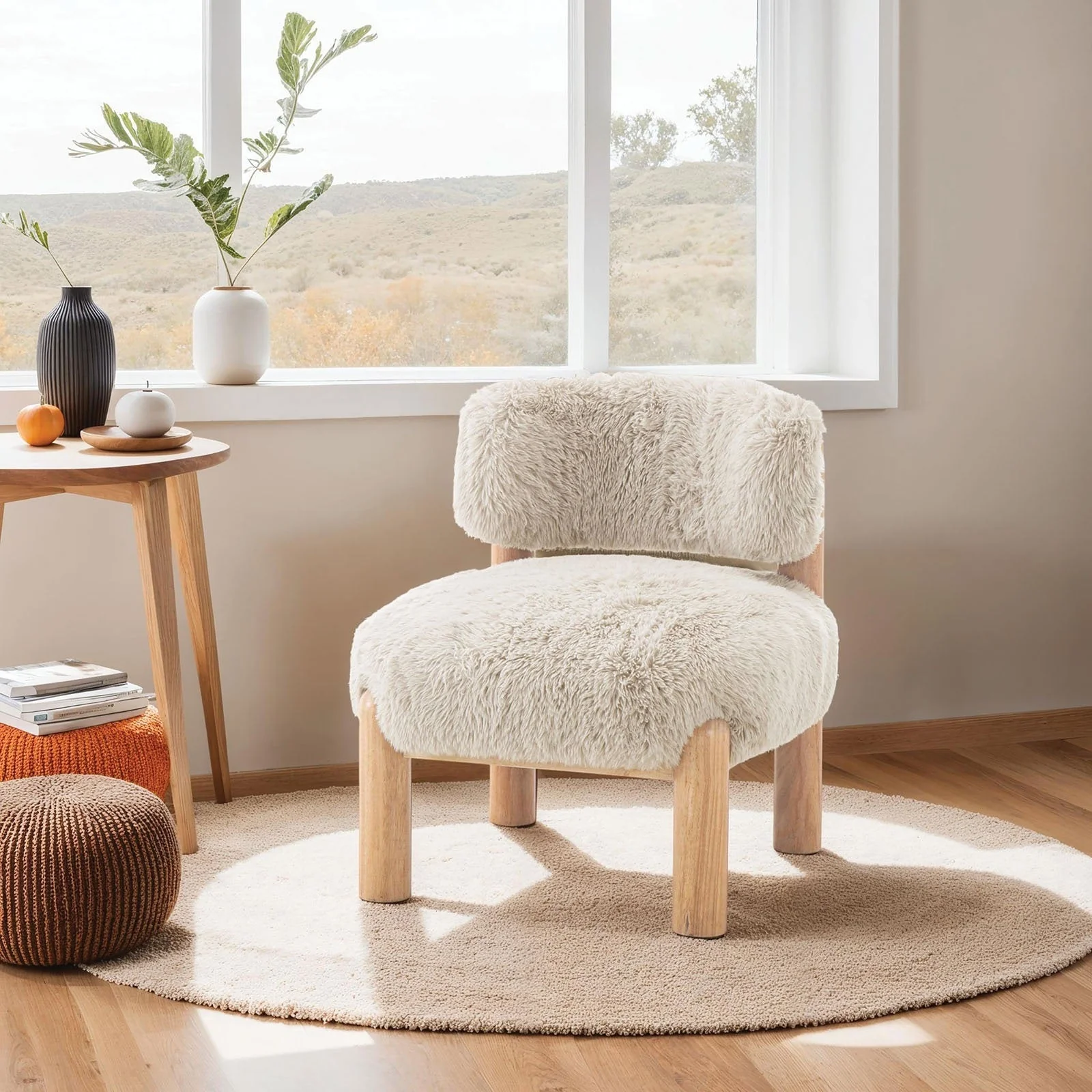 Contemporary Plush Fur Fabric Accent Chair with Wooden Legs
