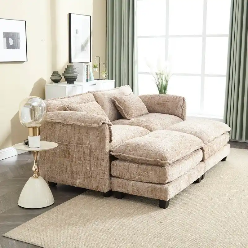 76.77  Chenille Upholstered Sofa with 2 Ottomans