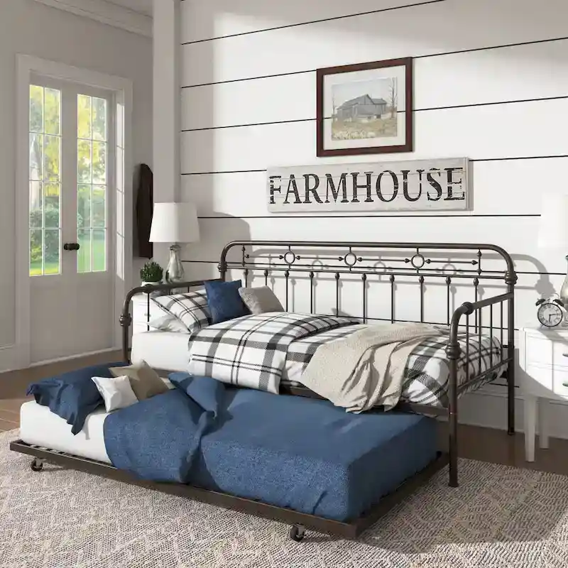 Antique Dark Bronze Metal Daybed with Trundle, Classic Style Twin Guest Bed