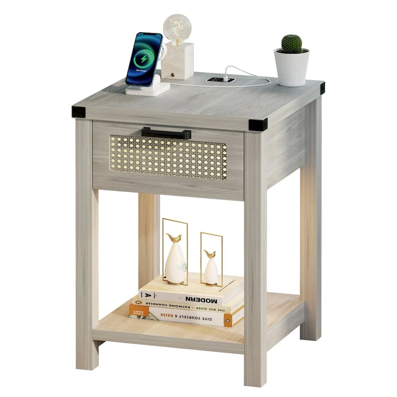 End Table - LED Light, USB & Type-C Charging, Motion Sensor, Rattan Drawer, Farmhouse, 150 lbs