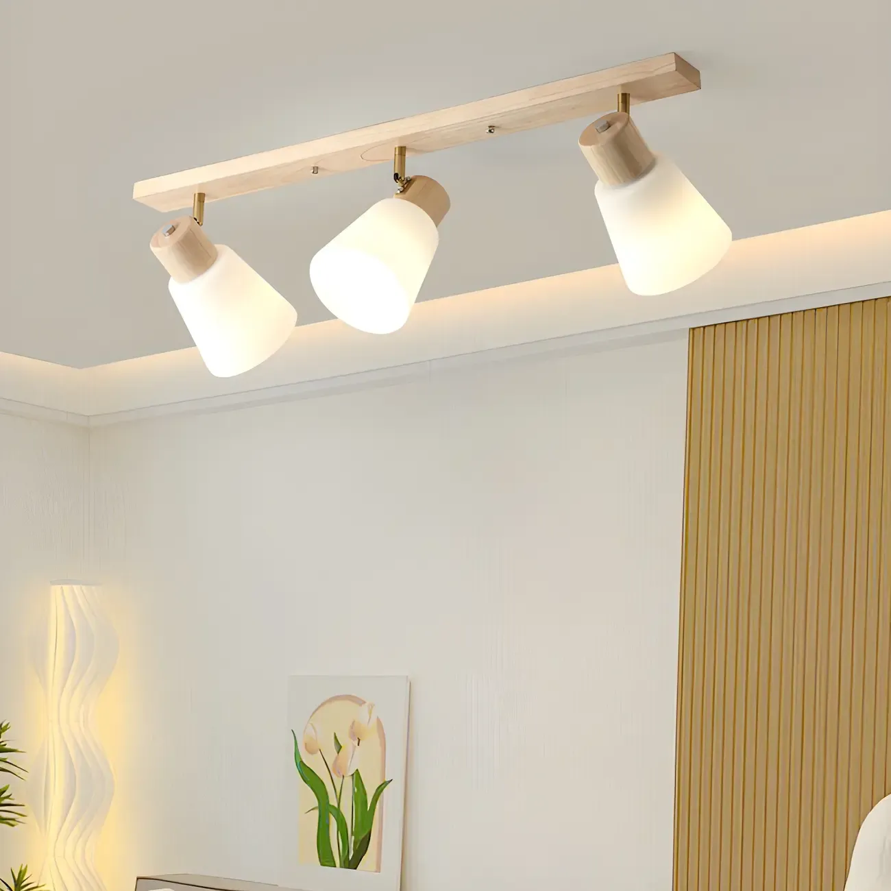 Natural Wood White Cone Glass Adjustable Semi Flush Track Light