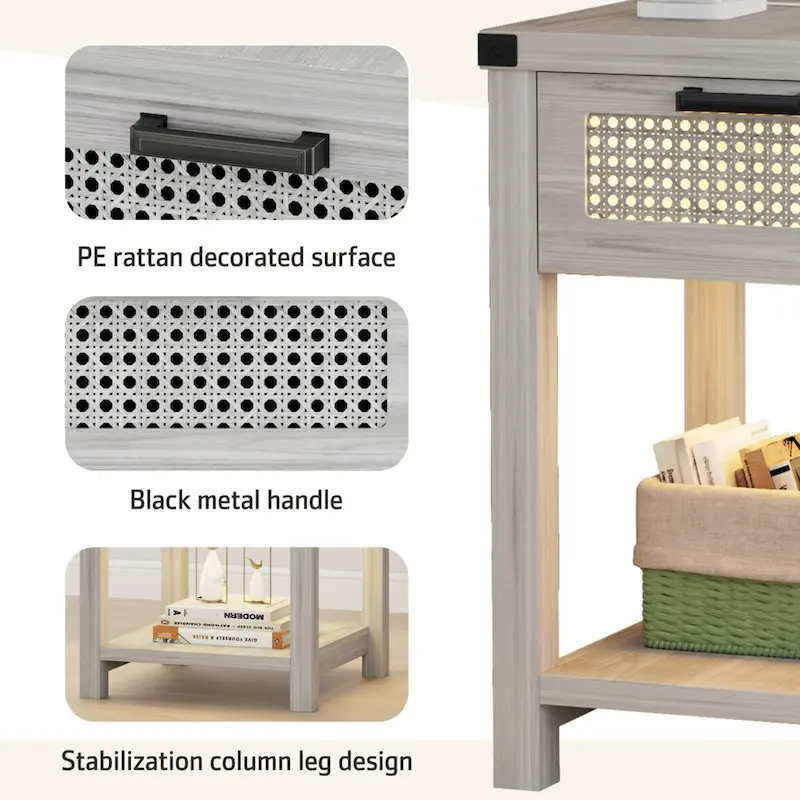 End Table - LED Light, USB & Type-C Charging, Motion Sensor, Rattan Drawer, Farmhouse, 150 lbs