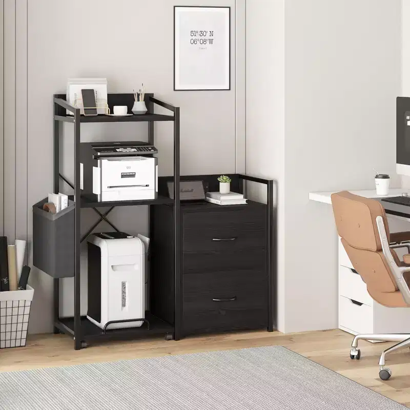 3-Tier Printer Stand with LED Lights, Drawers & Charging Station – Black / Brown / Wood