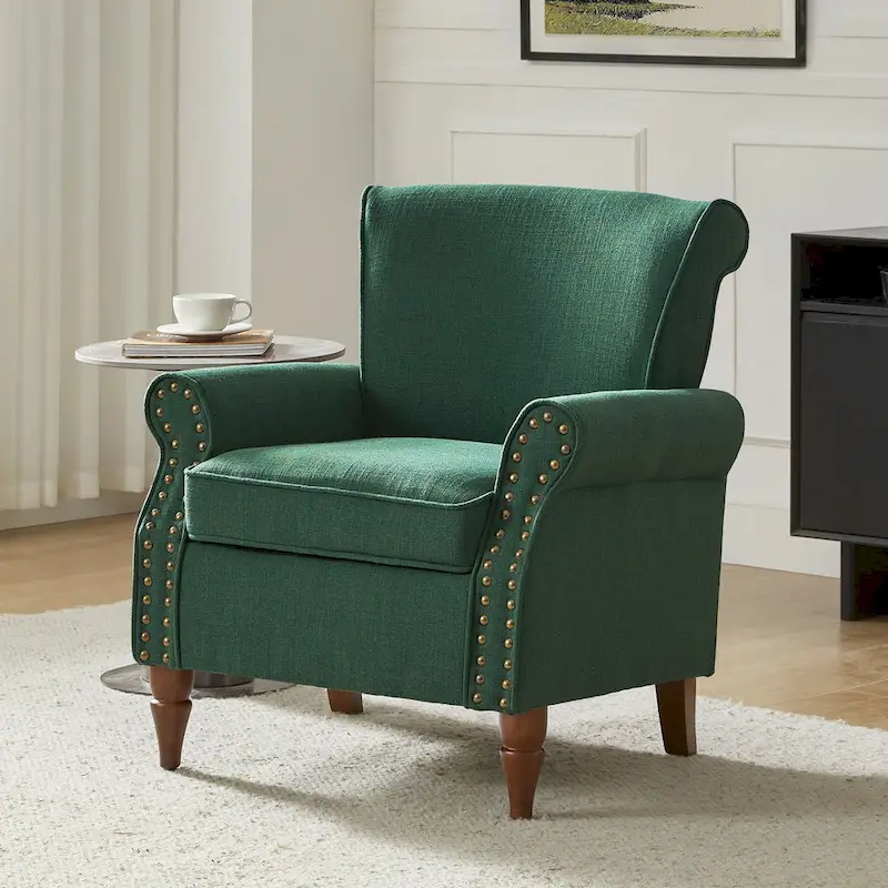 Upholstered Comfy Accent chair with Turned Wooden Legs and Nailhead Trim Set of 2 by