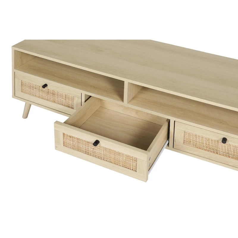 Modern Rattan TV Stand with Solid Wood Feet
