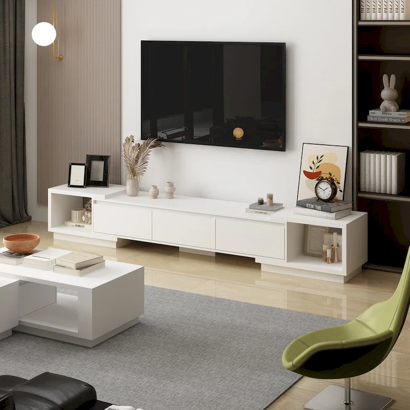 Modern Style Extendable TV Stand with 3Drawer White/Black 65.4-106.3