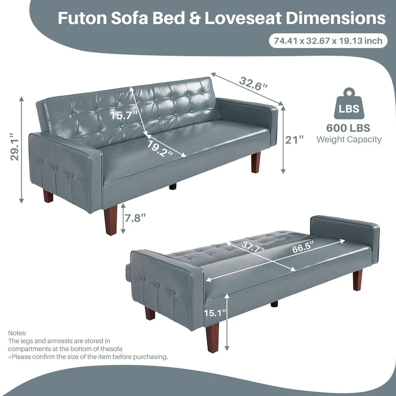 74.4 L Faux Leather Full Handcrafted Button Tufted Sofa 3-Seat, Convertible Sleeper Couch Adjustable Backrest