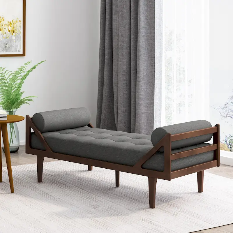 Charcoal Modern 65 Button Tufted Chaise Lounge Chair with Bent Wood Desing and Rolled Accent Pillows