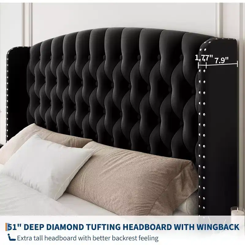 Acekool 51 Cream Velvet Queen Bed Frame - Wingback Headboard, Deep Button Tufting, No Box Spring Needed, Easy Assembly