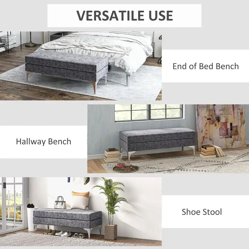 48 End of Bed Bench, Upholstered Entryway Bench with Double Layer Seat Cushions and Steel Legs, Bedroom Bench, Dark Gray