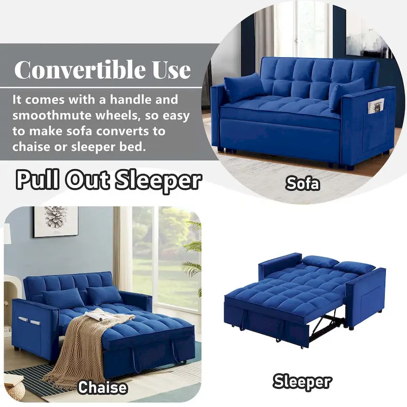 Convertible Sleeper Loveseat, 3-Position Backrest, Velvet, Foam, Side Pockets, USB, Seats 2/Twin Bed, Blue/Black/Grey
