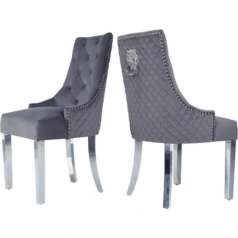 Velvet Dining Chairs Set of 2, Upholstered Tufted Nailhead Dining Room Chairs with Stainless Steel Legs & Lion Head Pull Ring