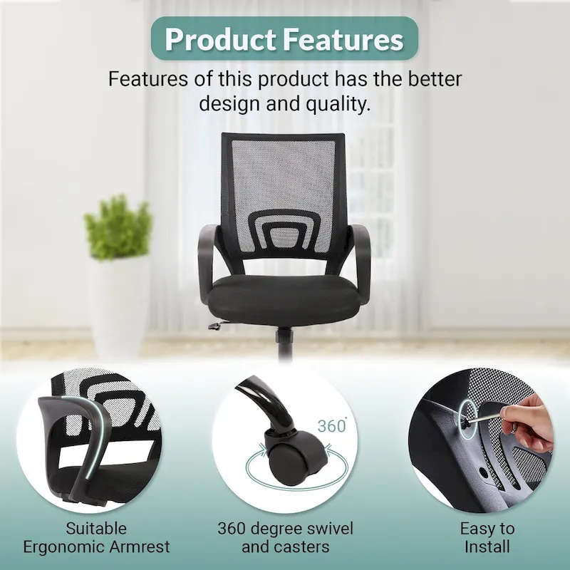 Ralap Modern Black Ergonomic Swivel Office Chair with Mesh Back by