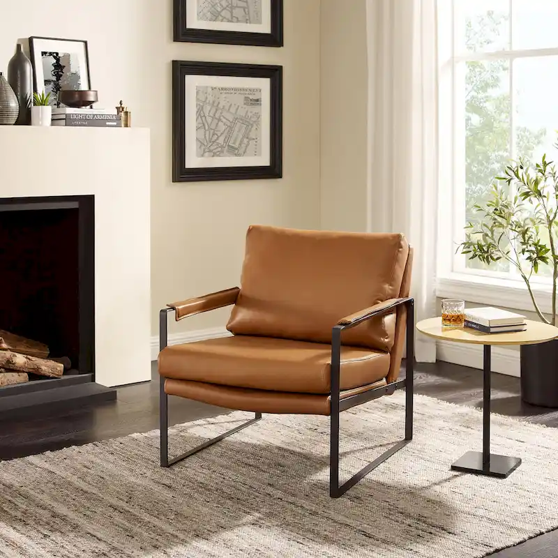 Mid-Century Leather Accent Chair, Brown/Khaki, Metal Frame, Seats 1