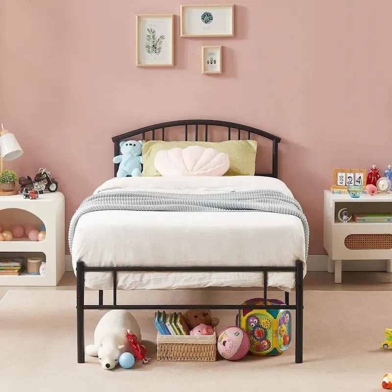 Modern Metal Bed Frames with Curved Headboard, No Box Spring Needed, Black