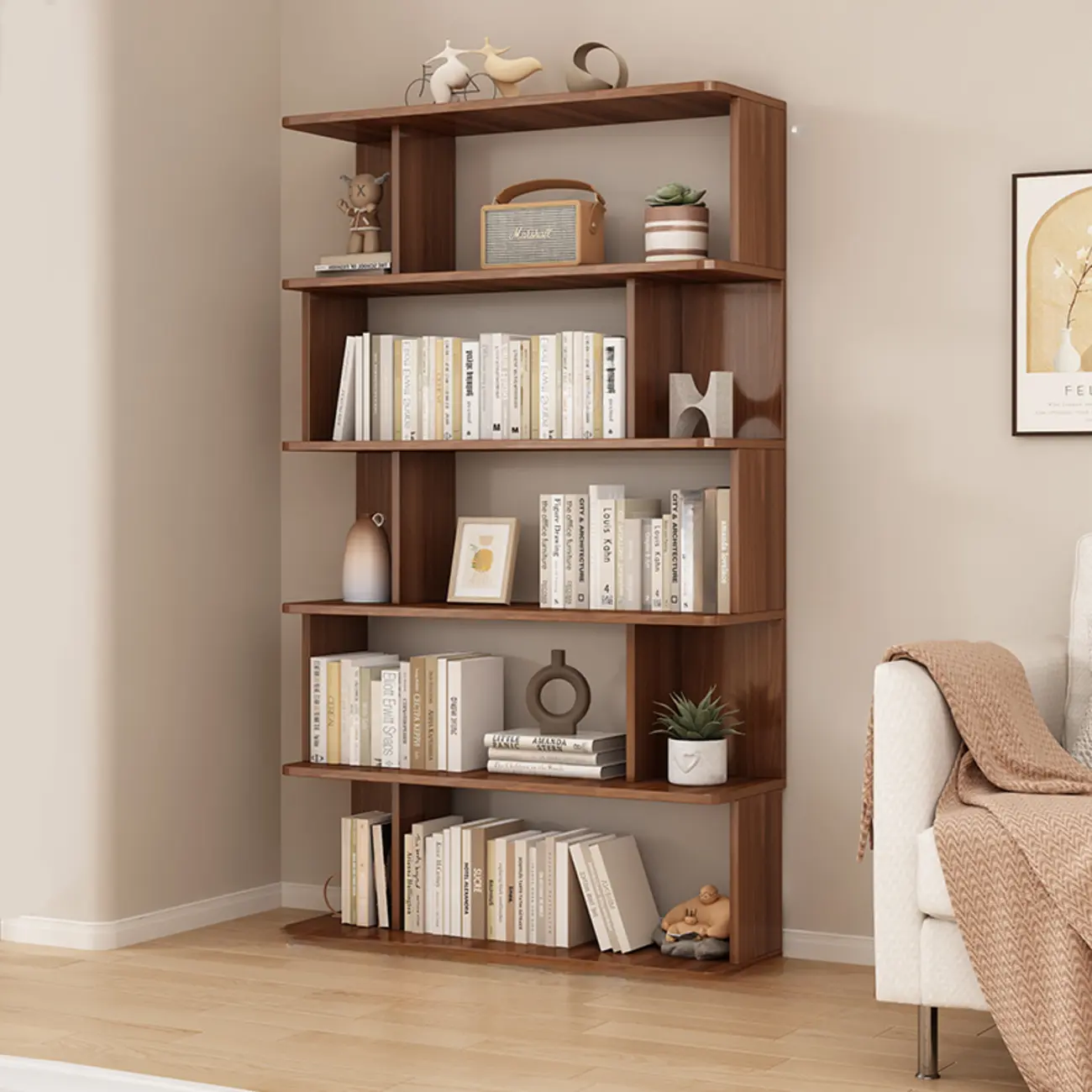 Mid-Century Vertical Walnut Wood Bookcase Open Back
